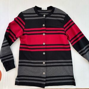 Alfred Dunner USA sz small Striped‎ Black Red metal button cardigan ribbed